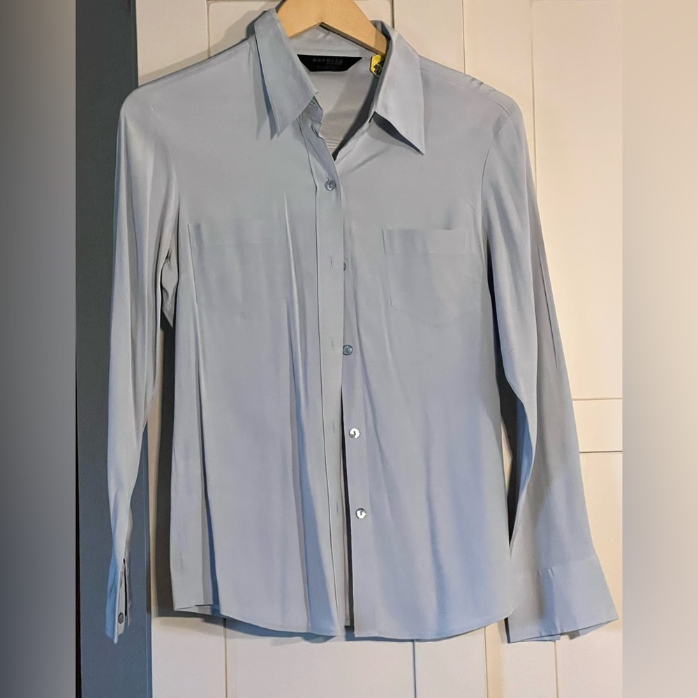 Express stretch silver gray fitted silk blouse, size 7/8, slight stain (see pic)